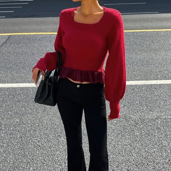 Burgundy Casual Women's Contrast Color Ruffle Trim Lantern Sleeve Sweater - Picture 1 of 9